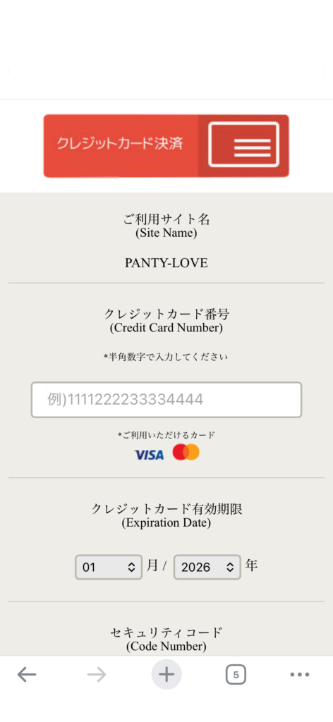 Pantalla de pago Telecom Credit de PANTY-LOVE — VISA, Mastercard, V-preca
