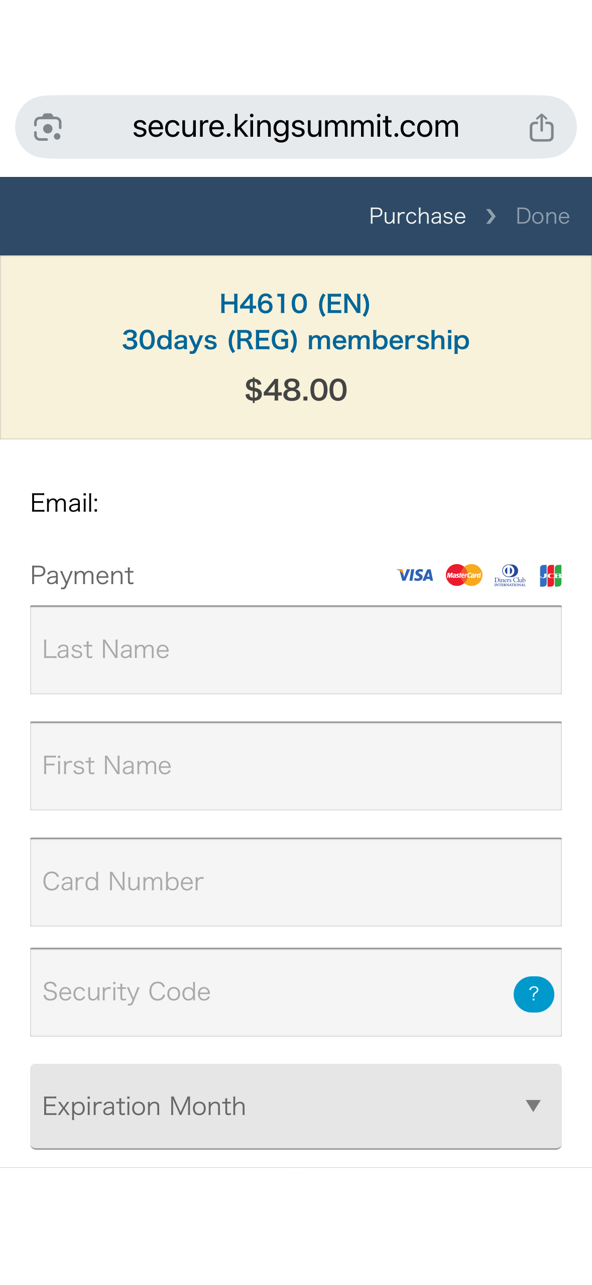 H4610 payment form — secure.kingsummit.com (upper section)