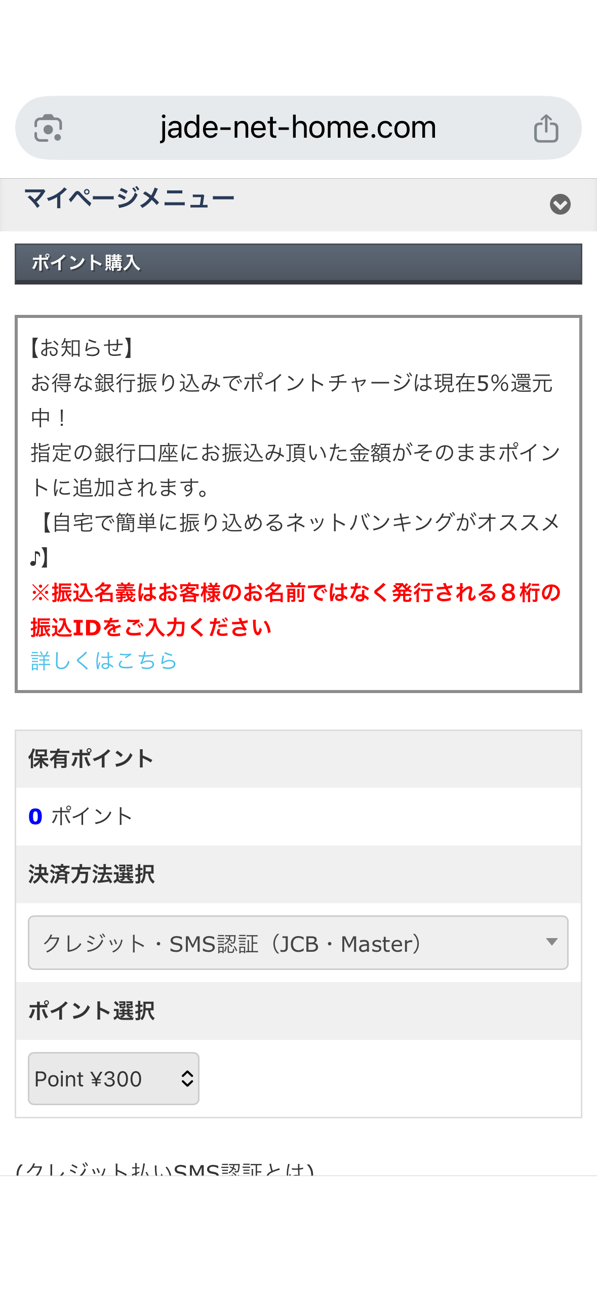 JADE NET — point purchase screen, select payment method (SMS verification)
